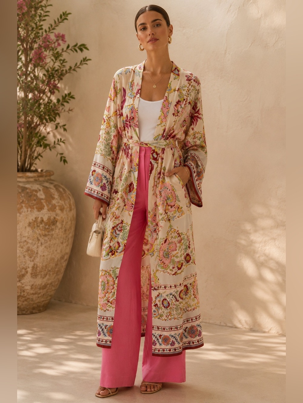 Zara Satin Multicolored Pink Botanical Belted Kimono Belted Robe Dress Small